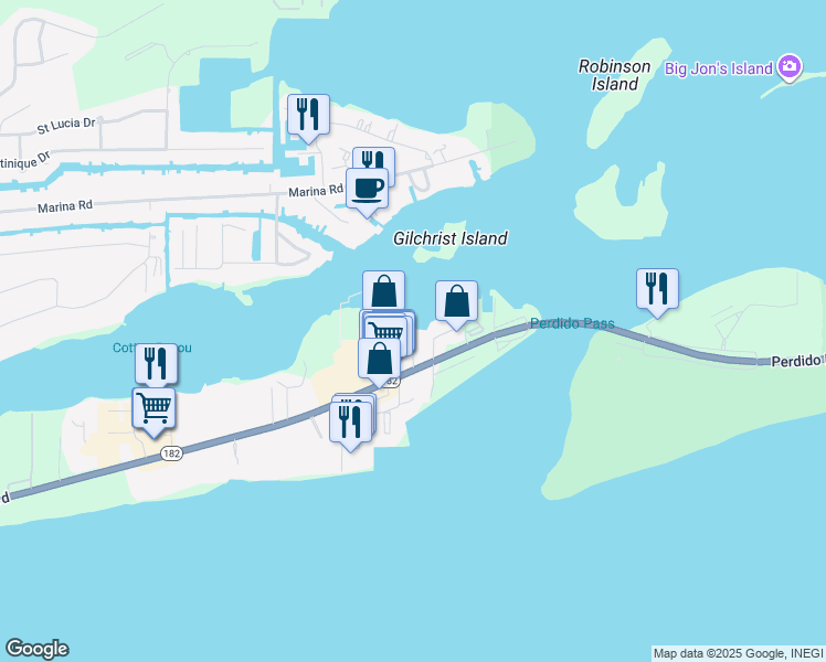 map of restaurants, bars, coffee shops, grocery stores, and more near 3564 Bayou Road in Orange Beach