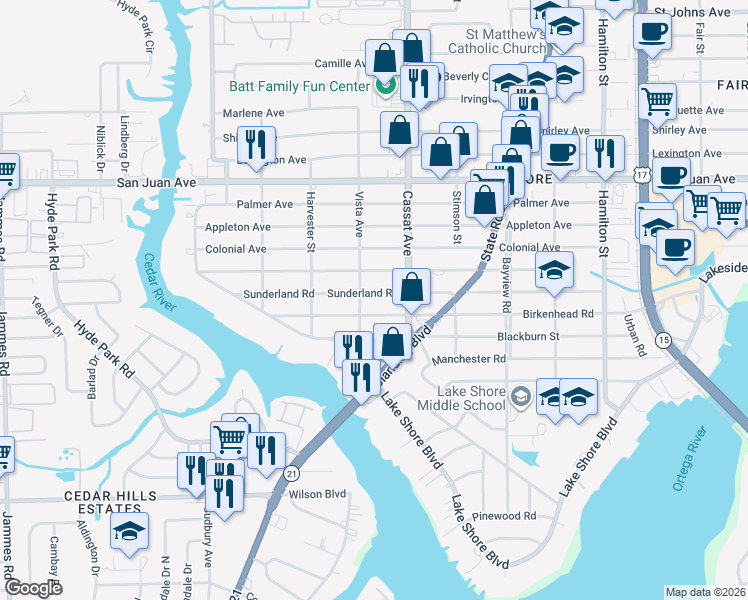 map of restaurants, bars, coffee shops, grocery stores, and more near 5047 Birkenhead Road in Jacksonville