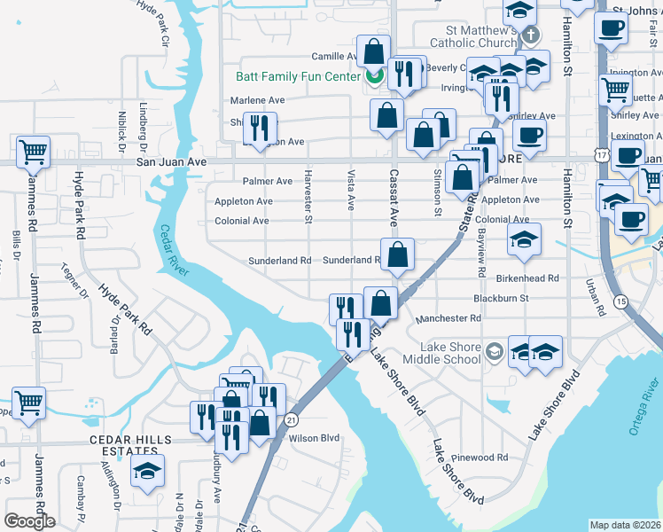 map of restaurants, bars, coffee shops, grocery stores, and more near 5133 Birkenhead Road in Jacksonville