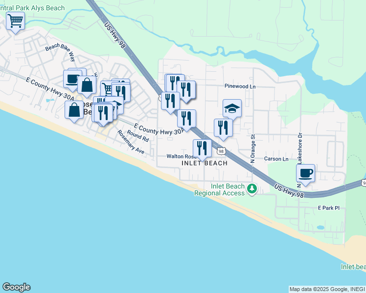 map of restaurants, bars, coffee shops, grocery stores, and more near 288 Walton Rose Lane in Rosemary Beach