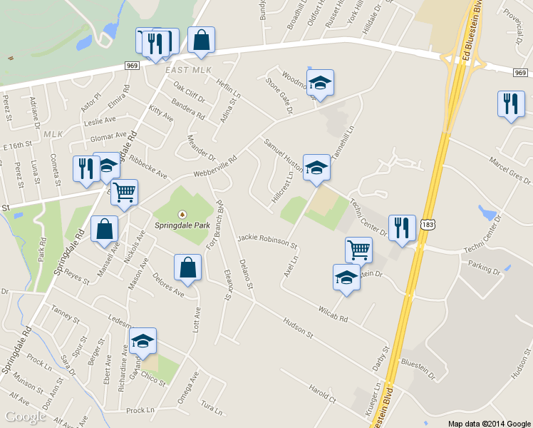 map of restaurants, bars, coffee shops, grocery stores, and more near 5503 Downs Drive in Austin