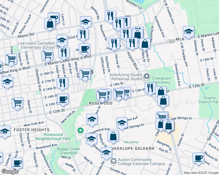 map of restaurants, bars, coffee shops, grocery stores, and more near 1306 Clifford Avenue in Austin