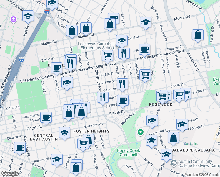 map of restaurants, bars, coffee shops, grocery stores, and more near 1409 Singleton Avenue in Austin