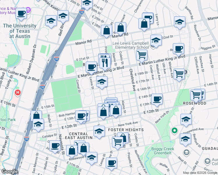 map of restaurants, bars, coffee shops, grocery stores, and more near 1607 Chicon Street in Austin
