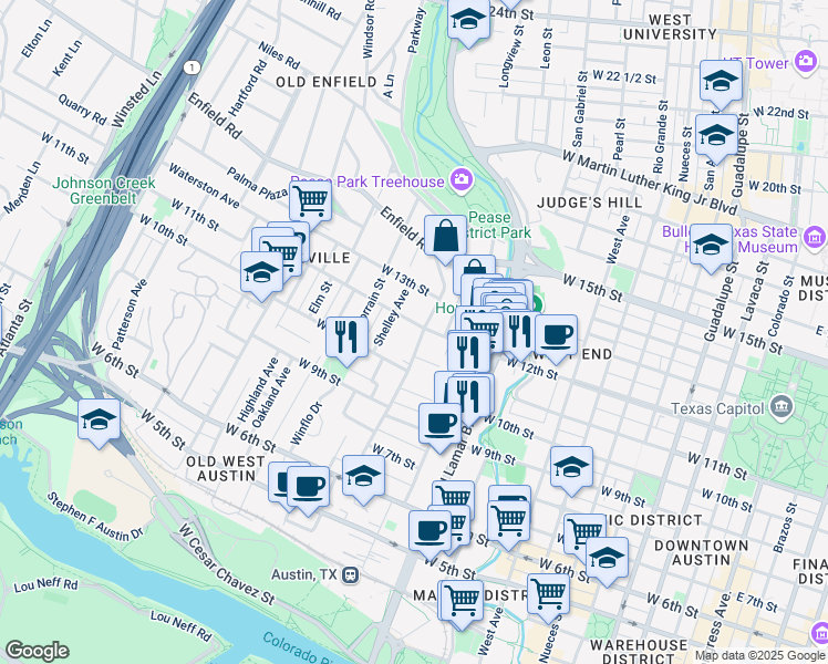 map of restaurants, bars, coffee shops, grocery stores, and more near 1108 Blanco Street in Austin