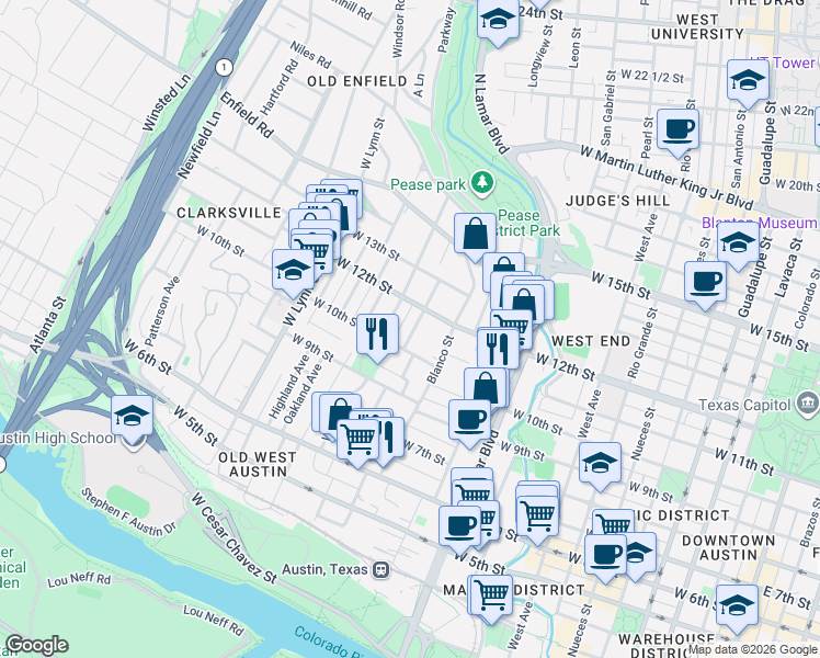 map of restaurants, bars, coffee shops, grocery stores, and more near 1302 West 10th Street in Austin