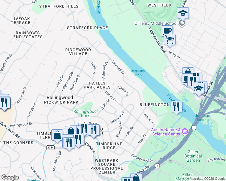map of restaurants, bars, coffee shops, grocery stores, and more near 104 Wallis Drive in Austin
