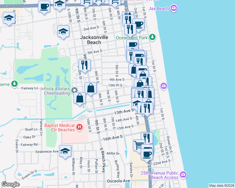 map of restaurants, bars, coffee shops, grocery stores, and more near 589 11th Avenue South in Jacksonville Beach