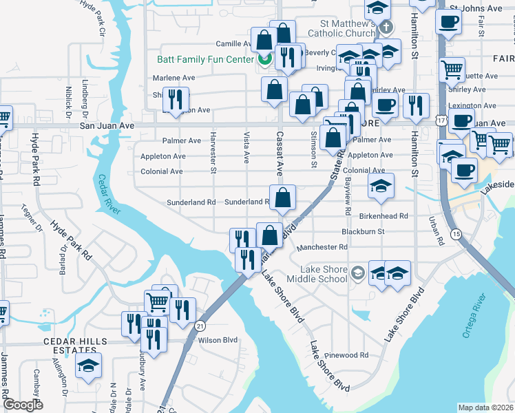 map of restaurants, bars, coffee shops, grocery stores, and more near 5047 Birkenhead Road in Jacksonville