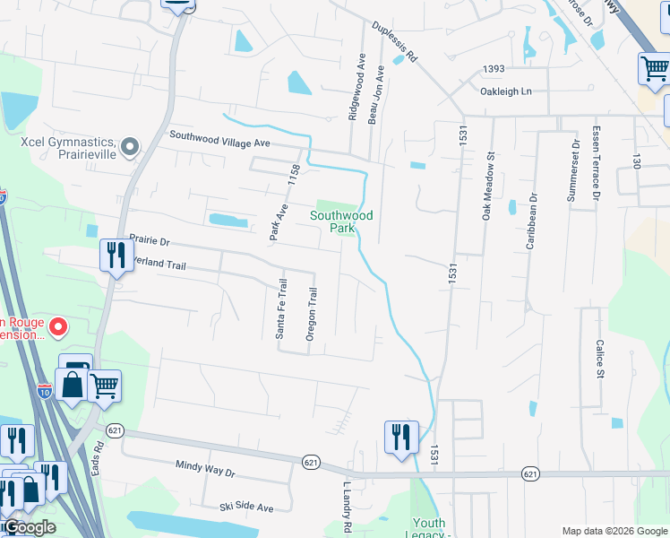 map of restaurants, bars, coffee shops, grocery stores, and more near 14273 Parkview Drive in Prairieville