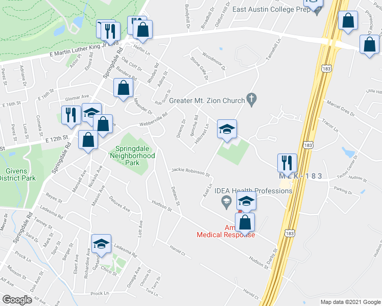 map of restaurants, bars, coffee shops, grocery stores, and more near 5501 Downs Drive in Austin