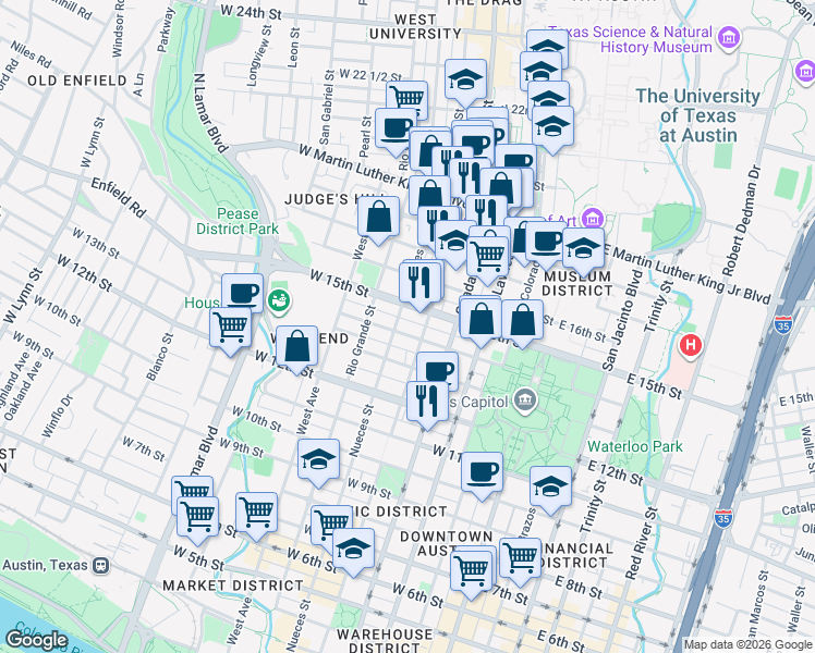 map of restaurants, bars, coffee shops, grocery stores, and more near 1402 San Antonio Street in Austin