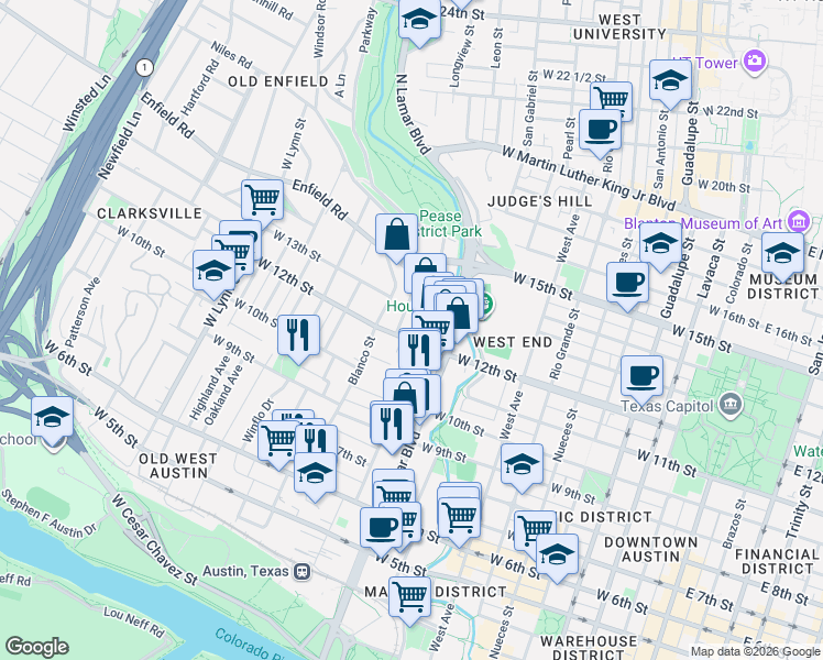 map of restaurants, bars, coffee shops, grocery stores, and more near 101 Castle Court in Austin