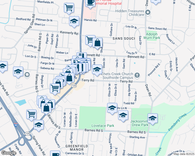 map of restaurants, bars, coffee shops, grocery stores, and more near 6211 Terry Road in Jacksonville