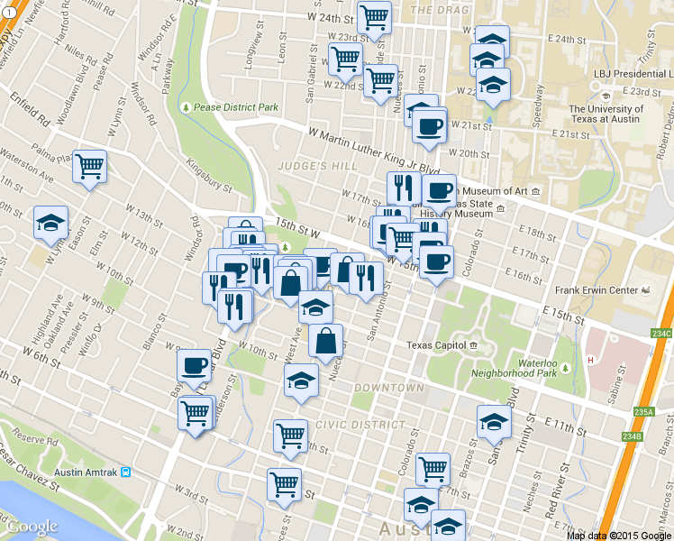 map of restaurants, bars, coffee shops, grocery stores, and more near 1306 Rio Grande Street in Austin