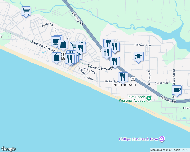 map of restaurants, bars, coffee shops, grocery stores, and more near 198 Round Road in Rosemary Beach