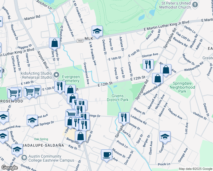 map of restaurants, bars, coffee shops, grocery stores, and more near 3607 East 12th Street in Austin