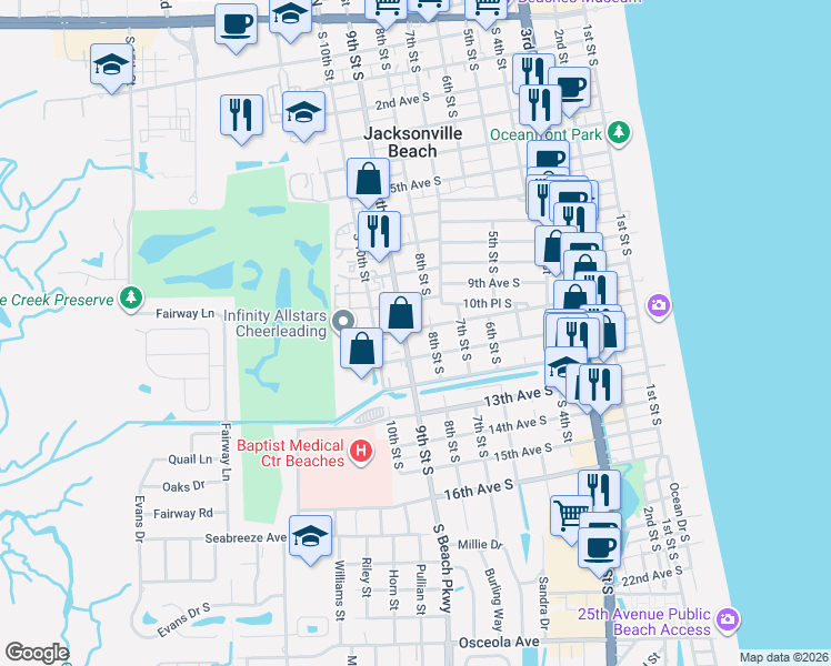 map of restaurants, bars, coffee shops, grocery stores, and more near 822 10th Avenue South in Jacksonville Beach