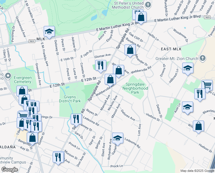 map of restaurants, bars, coffee shops, grocery stores, and more near 1163 Webberville Road in Austin