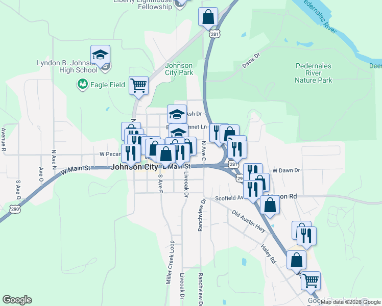 map of restaurants, bars, coffee shops, grocery stores, and more near 106 Lbj Drive in Johnson City