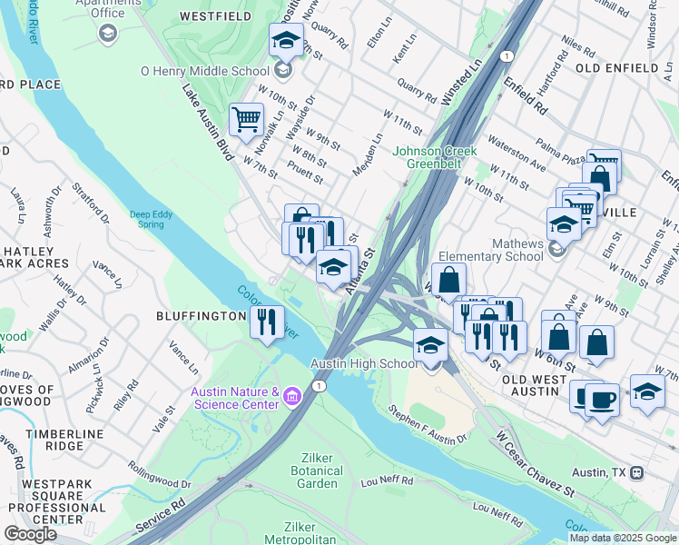 map of restaurants, bars, coffee shops, grocery stores, and more near in Austin