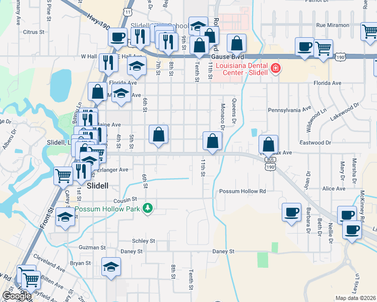 map of restaurants, bars, coffee shops, grocery stores, and more near 917 Fremaux Avenue in Slidell