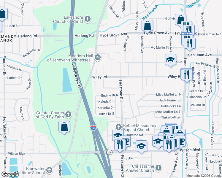 map of restaurants, bars, coffee shops, grocery stores, and more near 7140 Conant Avenue in Jacksonville