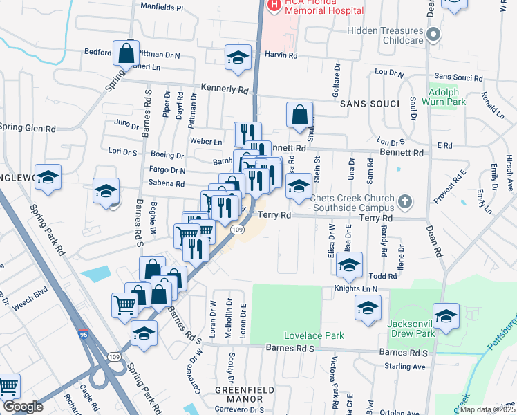 map of restaurants, bars, coffee shops, grocery stores, and more near 5230 University Boulevard South in Jacksonville