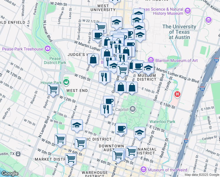 map of restaurants, bars, coffee shops, grocery stores, and more near in Austin