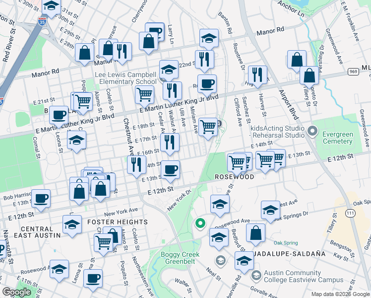 map of restaurants, bars, coffee shops, grocery stores, and more near 1408 Ulit Avenue in Austin