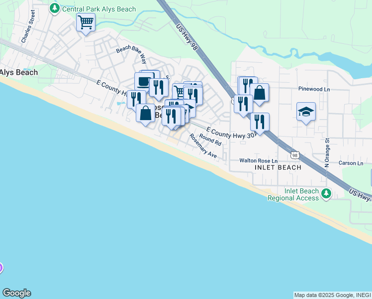 map of restaurants, bars, coffee shops, grocery stores, and more near 77 South Green Turtle Lane in Rosemary Beach
