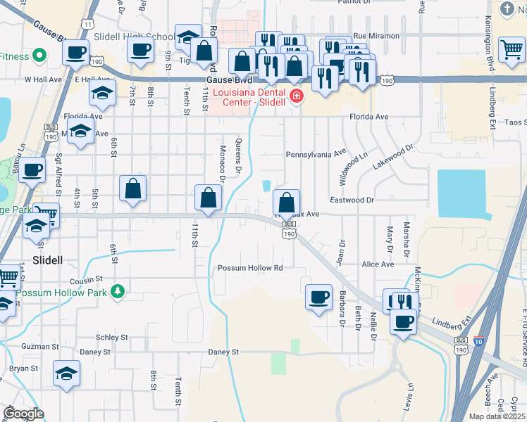 map of restaurants, bars, coffee shops, grocery stores, and more near 1302 Fremaux Avenue in Slidell
