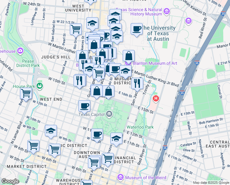 map of restaurants, bars, coffee shops, grocery stores, and more near 1510 Congress Avenue in Austin