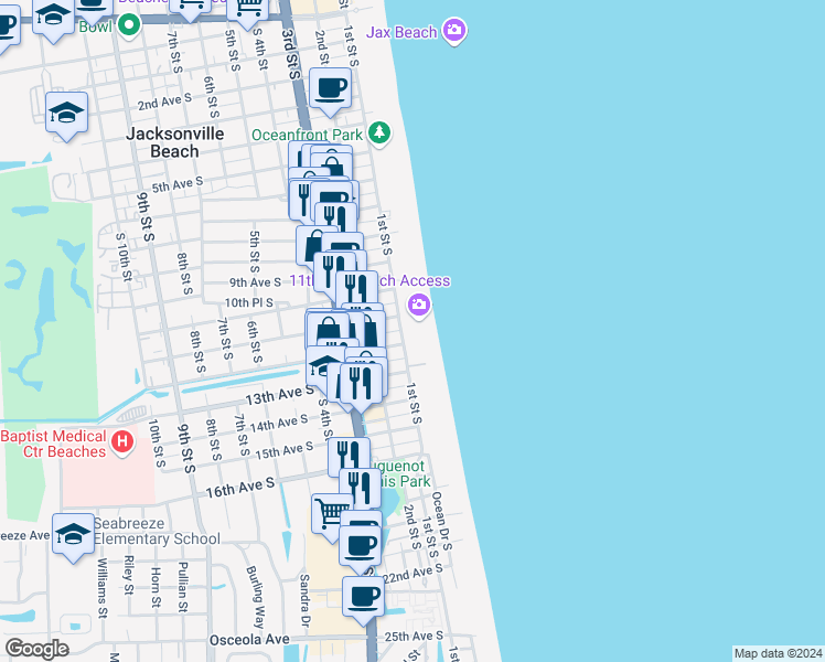 map of restaurants, bars, coffee shops, grocery stores, and more near 15 12th Avenue South in Jacksonville Beach