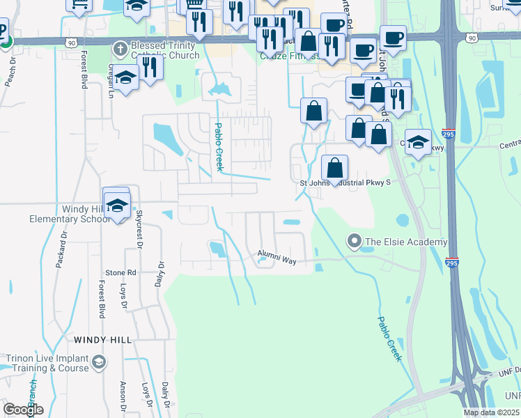 map of restaurants, bars, coffee shops, grocery stores, and more near 10992 Beckley Place in Jacksonville