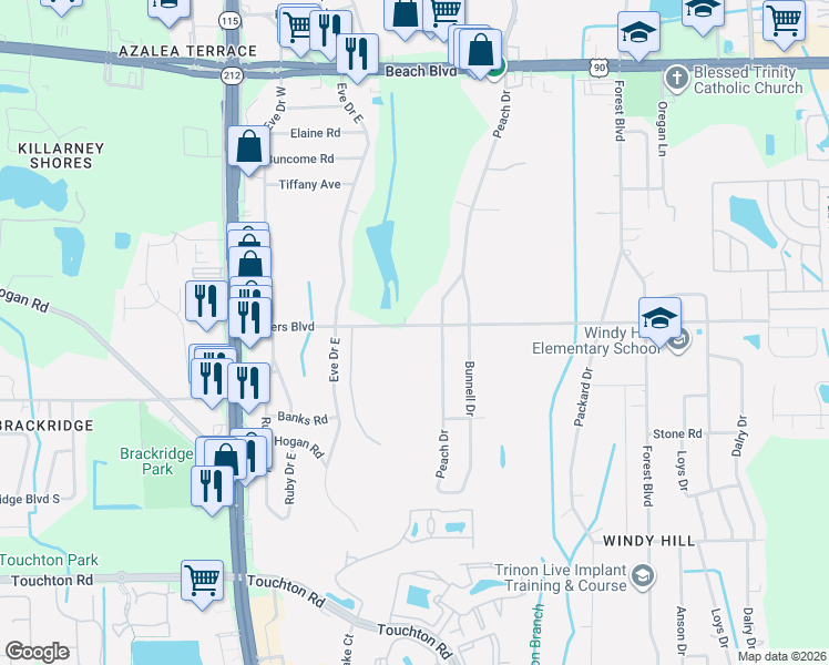 map of restaurants, bars, coffee shops, grocery stores, and more near 10014 Anders Boulevard in Jacksonville