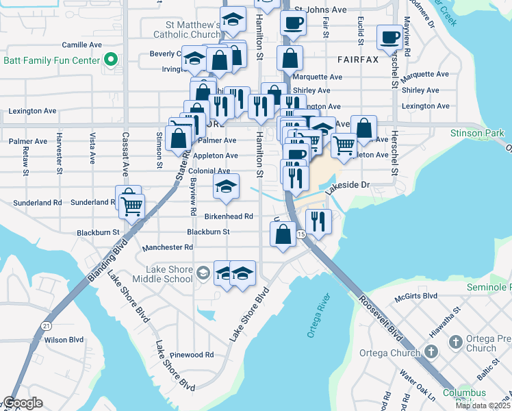 map of restaurants, bars, coffee shops, grocery stores, and more near 4441 Birkenhead Road in Jacksonville