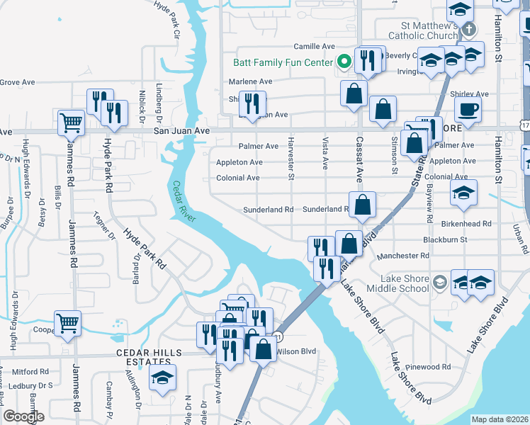 map of restaurants, bars, coffee shops, grocery stores, and more near 2271 Lake Shore Boulevard in Jacksonville