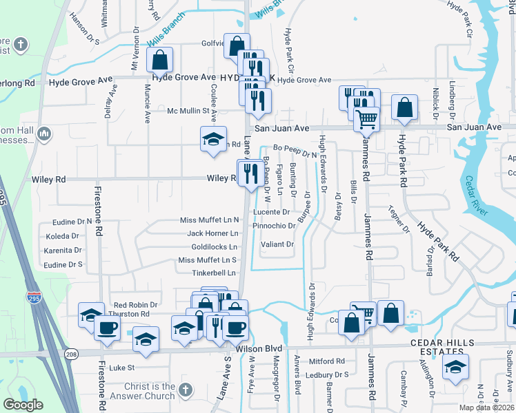 map of restaurants, bars, coffee shops, grocery stores, and more near 2202 Burpee Drive West in Jacksonville