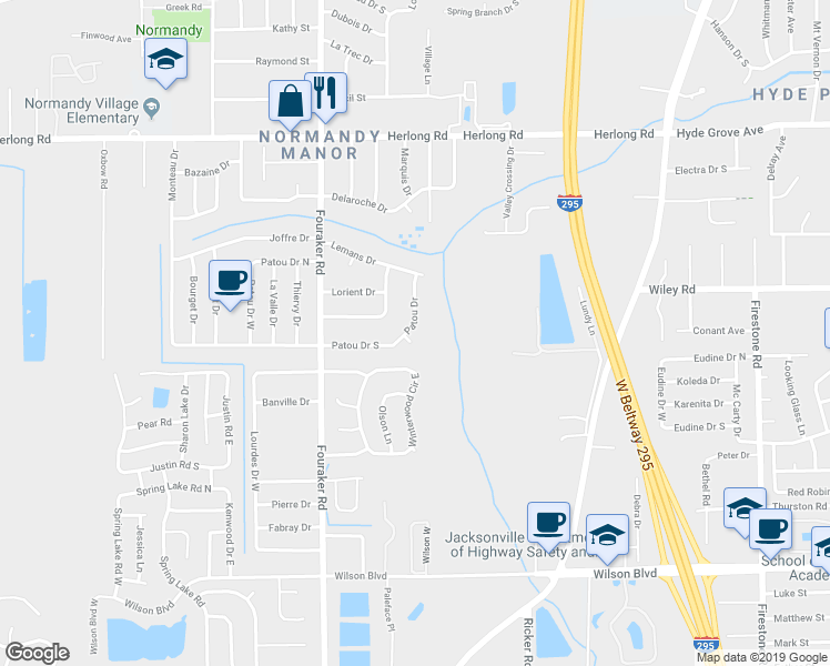 map of restaurants, bars, coffee shops, grocery stores, and more near 2249 Patou Court in Jacksonville