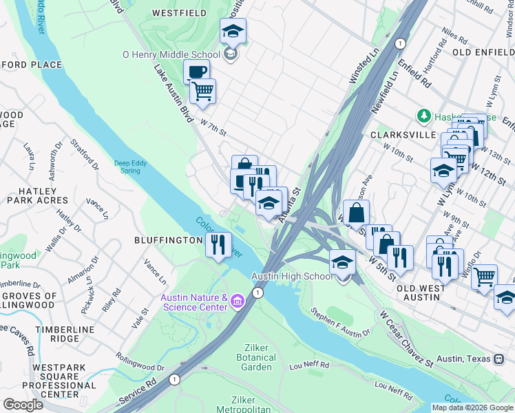 map of restaurants, bars, coffee shops, grocery stores, and more near in Austin