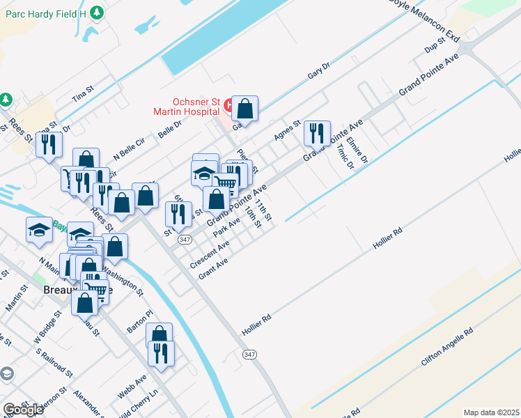 map of restaurants, bars, coffee shops, grocery stores, and more near 1302 Park Avenue in Breaux Bridge
