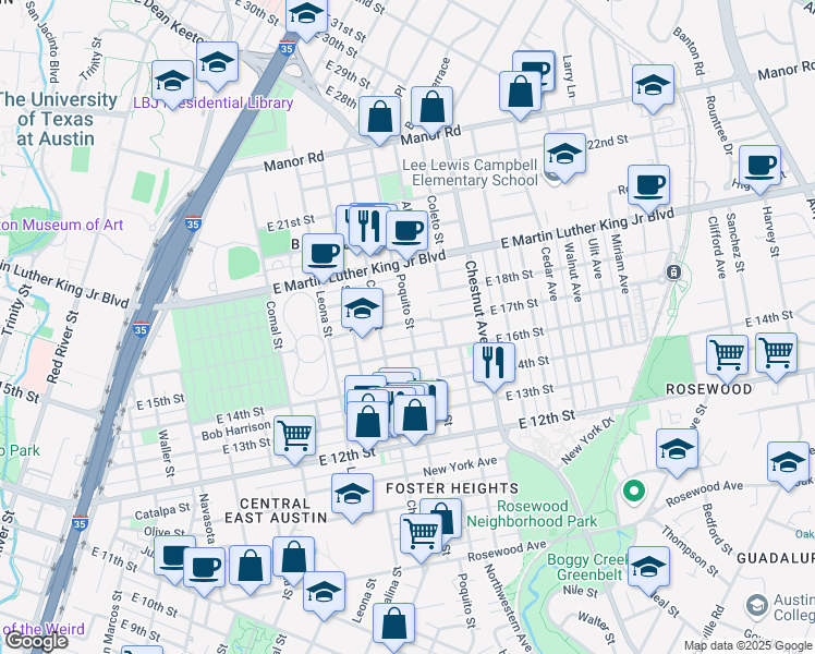 map of restaurants, bars, coffee shops, grocery stores, and more near 1913 East 17th Street in Austin