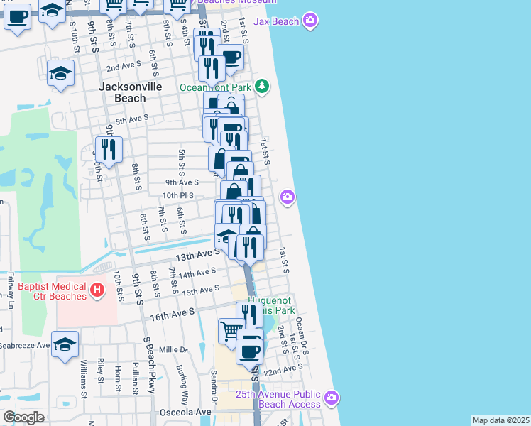 map of restaurants, bars, coffee shops, grocery stores, and more near 209 12th Avenue South in Jacksonville Beach