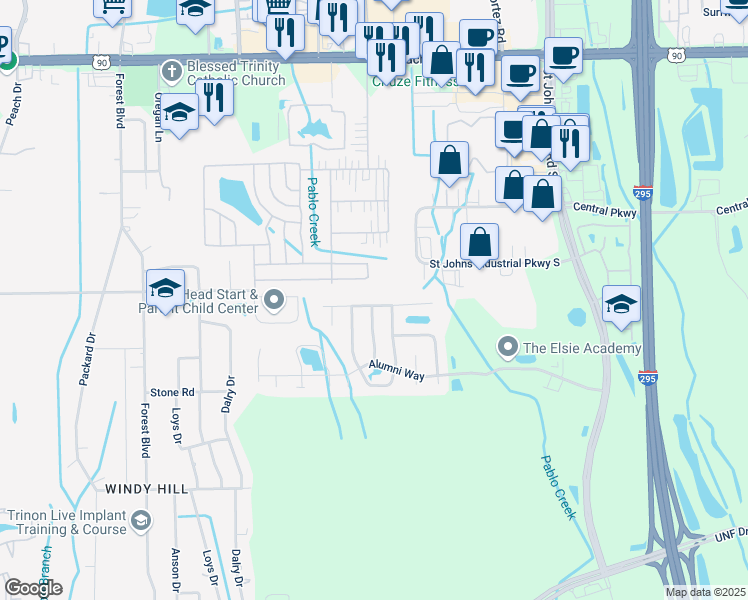 map of restaurants, bars, coffee shops, grocery stores, and more near 10992 Beckley Place in Jacksonville