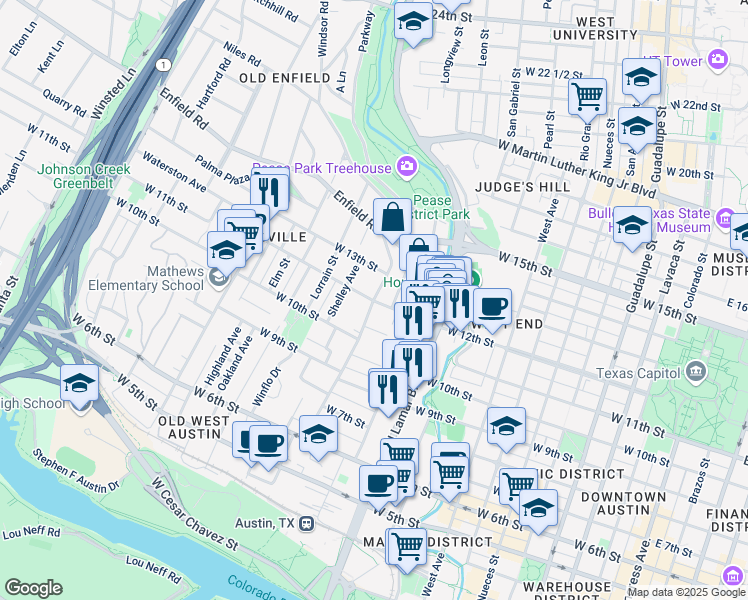 map of restaurants, bars, coffee shops, grocery stores, and more near W 12th St & Blanco St in Austin