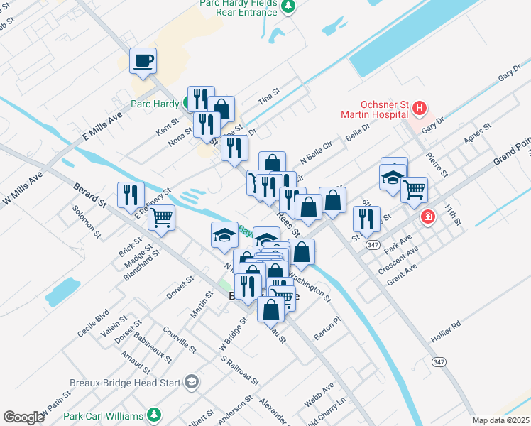map of restaurants, bars, coffee shops, grocery stores, and more near 227 Rees Street in Breaux Bridge