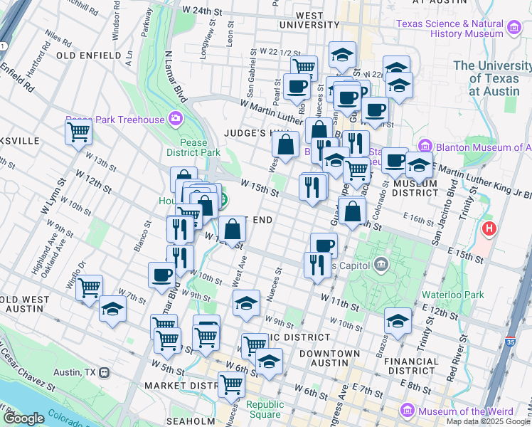 map of restaurants, bars, coffee shops, grocery stores, and more near 701-799 West 13 1/2 Street in Austin