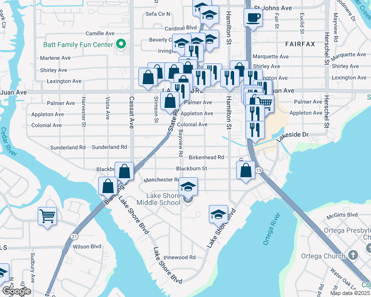map of restaurants, bars, coffee shops, grocery stores, and more near 2235 Bayview Road in Jacksonville