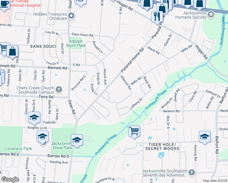 map of restaurants, bars, coffee shops, grocery stores, and more near 2479 Parental Home Road in Jacksonville